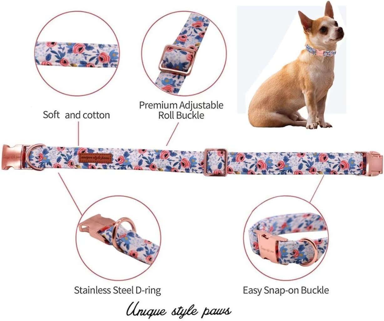Unique Style Paws Dog Collar With Metal Buckle - Red Rose Flower Gift for Small, Medium, Large Boys Girls Dogs - Durable and Cute