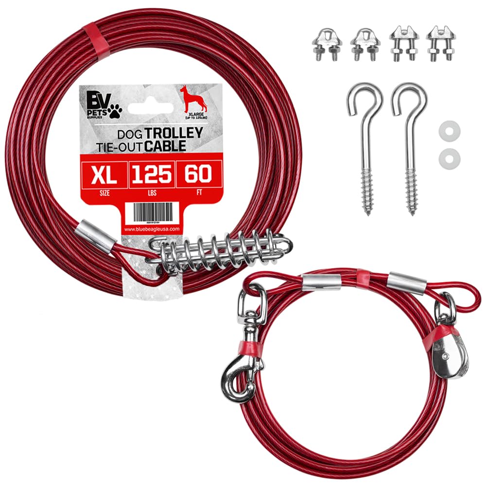 BV Dog Tie Out Cable 25 Feet - Heavy Duty Dog Lead Up to 250 Pounds - Reflective & Rust-Free with Quick Release Swivel Clips & 360° Rotating Clasp - Tangle-Free Dogs Runner for Yard (Grey, Single)