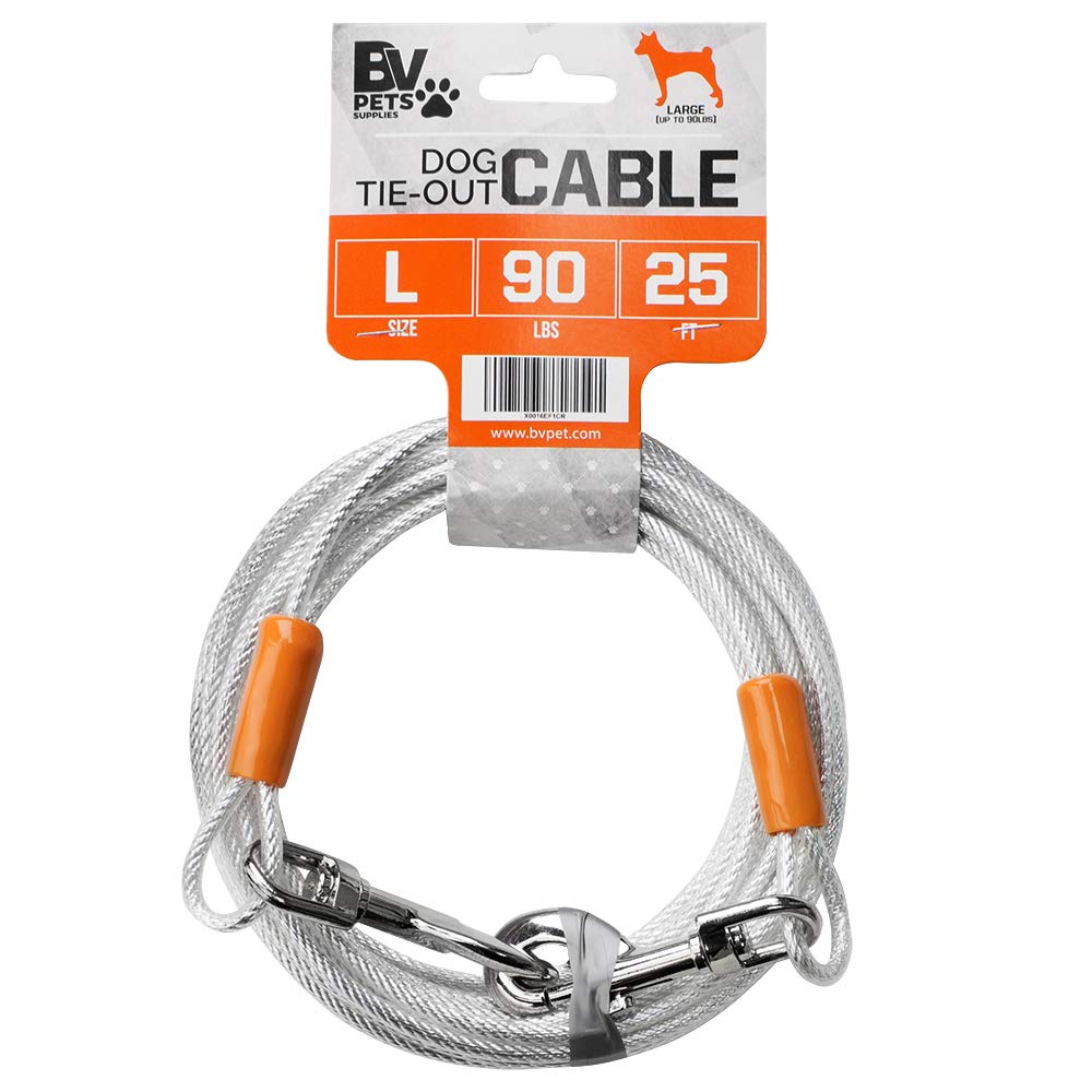 BV Dog Tie Out Cable 25 Feet - Heavy Duty Dog Lead Up to 250 Pounds - Reflective & Rust-Free with Quick Release Swivel Clips & 360° Rotating Clasp - Tangle-Free Dogs Runner for Yard (Grey, Single)