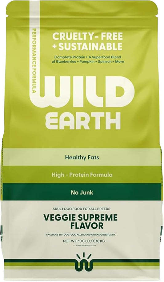 Wild Earth Vegan Dry Dog Food Performance Formula | Plant-Based Vegetarian Kibble | Wheat-Free, Allergen-Free, Veterinarian-Developed | Veggie Supreme Flavor, 18lb Bag