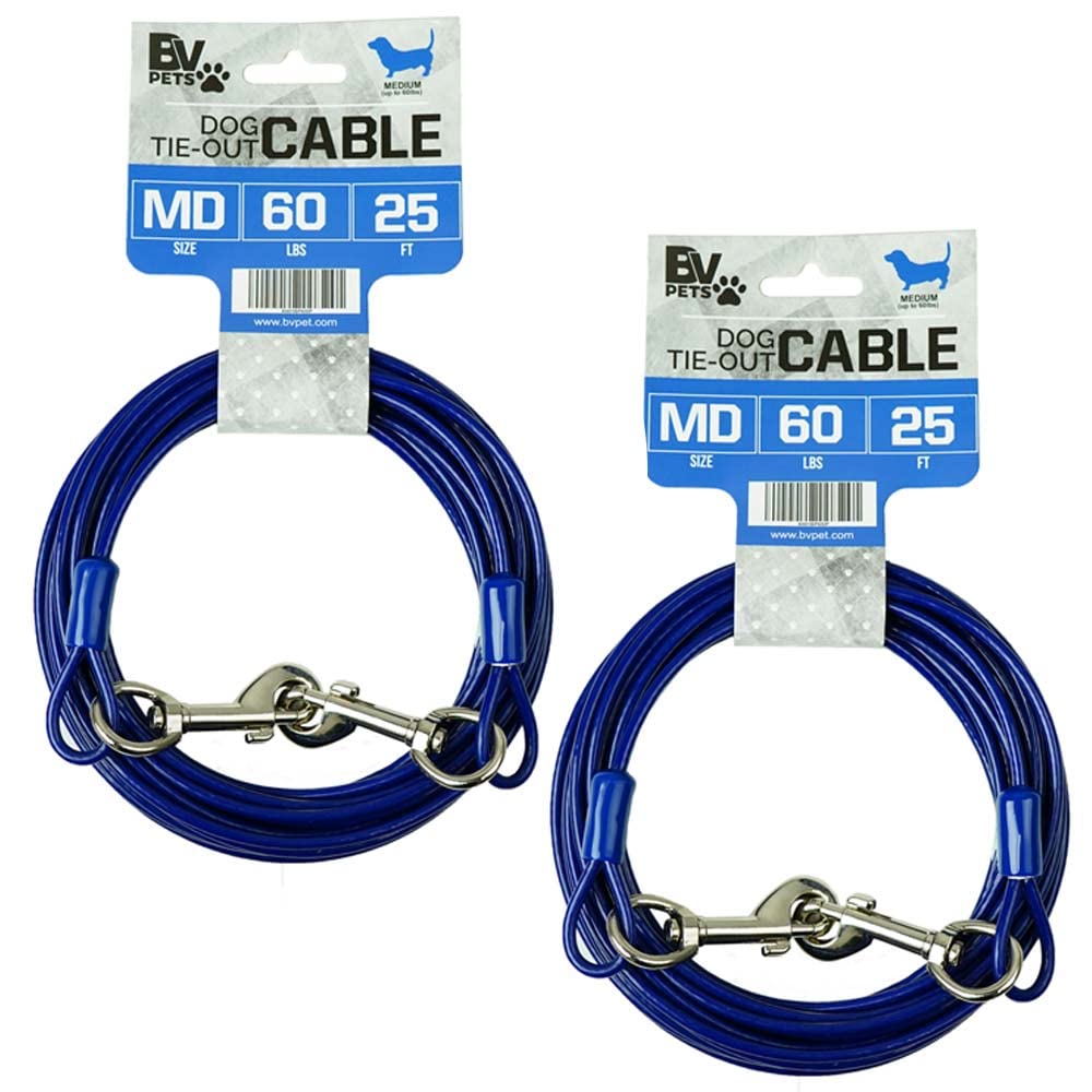 BV Dog Tie Out Cable 25 Feet - Heavy Duty Dog Lead Up to 250 Pounds - Reflective & Rust-Free with Quick Release Swivel Clips & 360° Rotating Clasp - Tangle-Free Dogs Runner for Yard (Grey, Single)