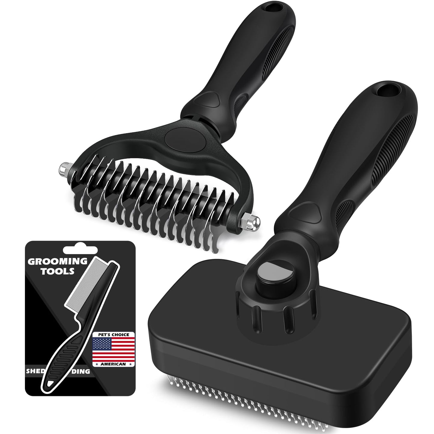 Professional 3PCS Self Cleaning Slicker Brush & Pet Grooming Rake & Flea Comb for Dogs,Cats and Horses | Double-Sided Dematting Comb & Skin Friendly Deshedding Grooming Tool | Pet Supplies (Blue)