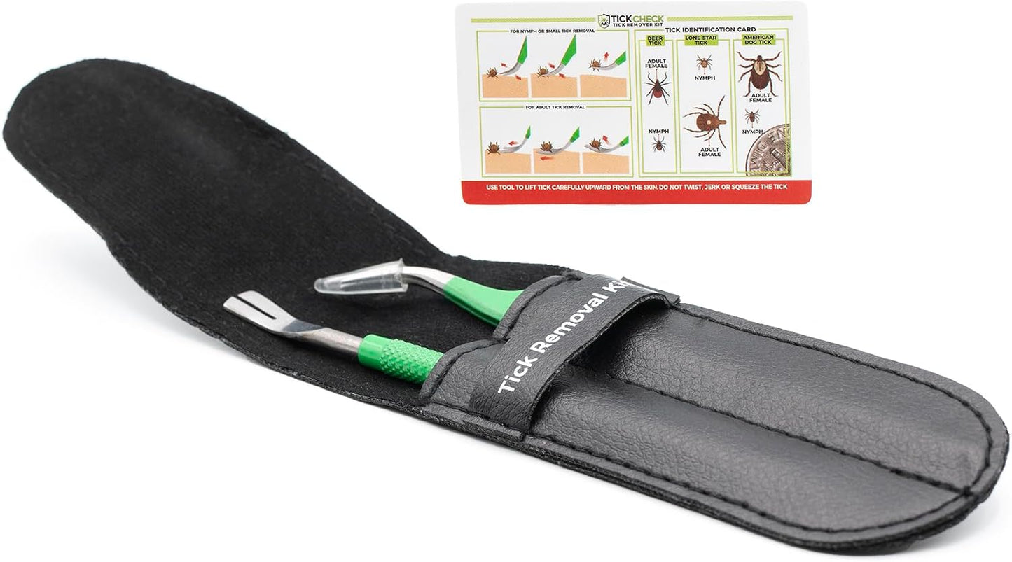 TickCheck Premium Tick Remover Kit - Stainless Steel Tick Remover + Tweezers, Leather Case, and Free Pocket Tick Identification Card (1 Set)