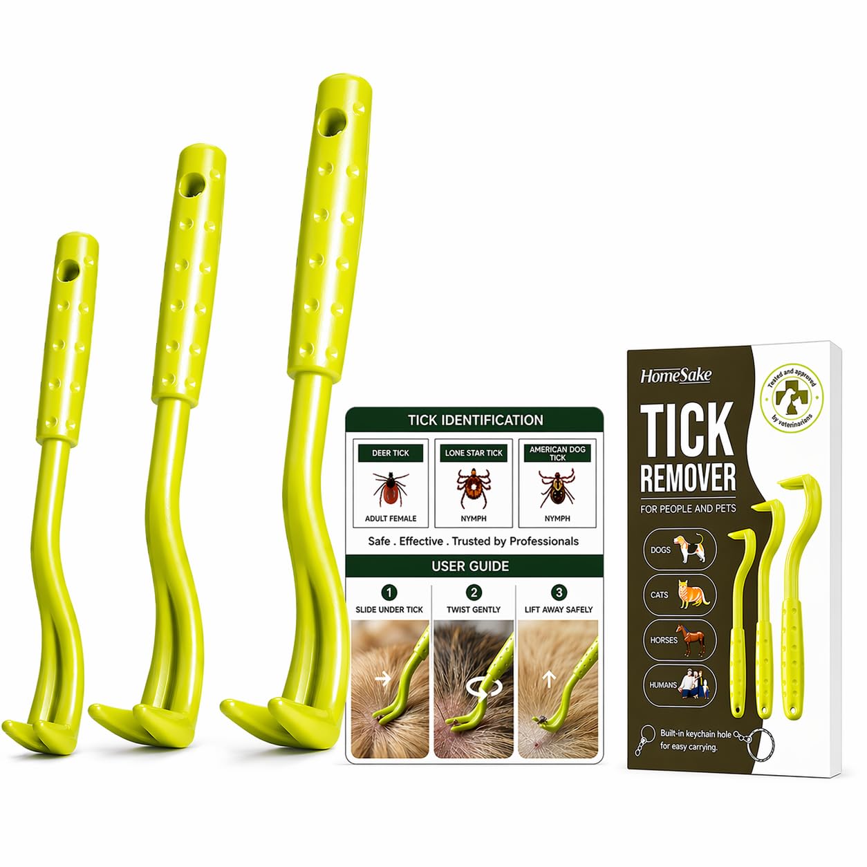 Homesake Tick Remover Tool for Dogs, Cats & Humans, 3 Pack Tick Removal Kit + Identification Card & Keychain Hole, Safely Removes Entire Tick Head & Body, Easy Portable Tool for Pets & First Aid Kits