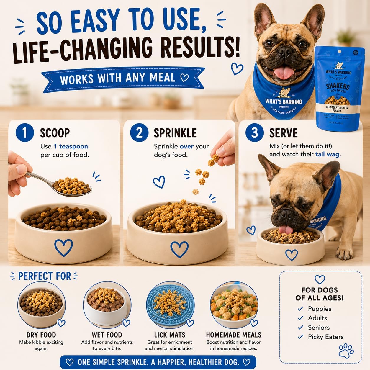 Shakers Dog Meal Toppers, Blueberry Muffin, Non-GMO, 3 Pack