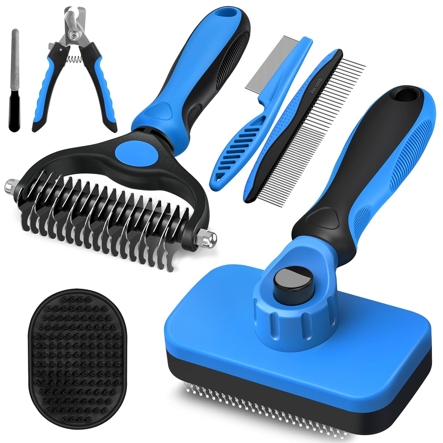 Professional 3PCS Self Cleaning Slicker Brush & Pet Grooming Rake & Flea Comb for Dogs,Cats and Horses | Double-Sided Dematting Comb & Skin Friendly Deshedding Grooming Tool | Pet Supplies (Blue)