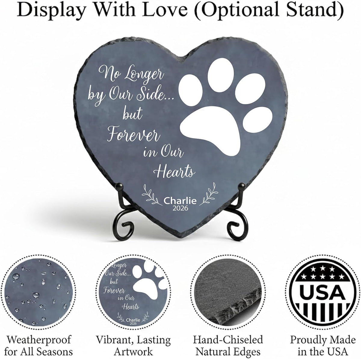 Personalized Dog Memorial Stone, No Longer by Our Side Heart Paw Print Plaque, Pet Loss Gift for Dogs Stone (S-002)
