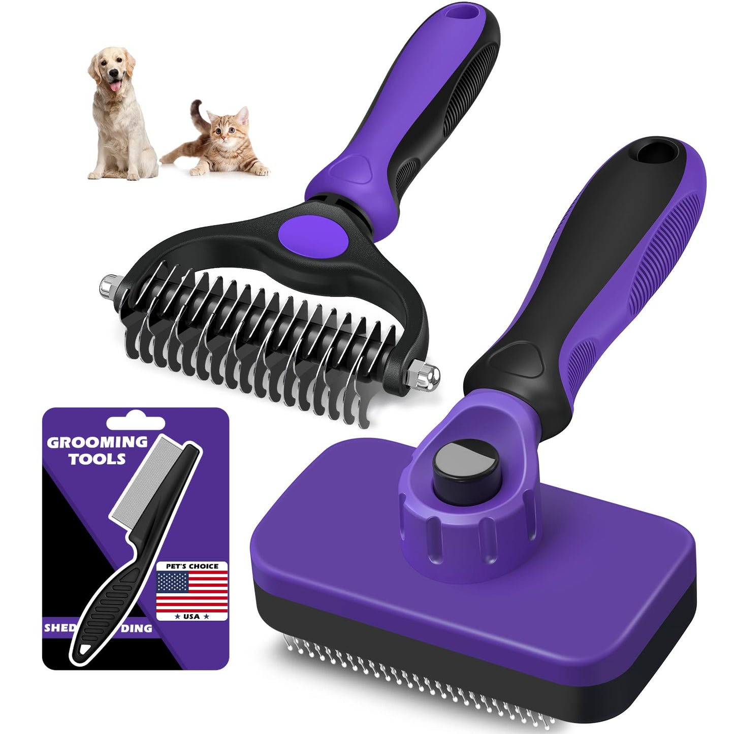 Professional 3PCS Self Cleaning Slicker Brush & Pet Grooming Rake & Flea Comb for Dogs,Cats and Horses | Double-Sided Dematting Comb & Skin Friendly Deshedding Grooming Tool | Pet Supplies (Blue)