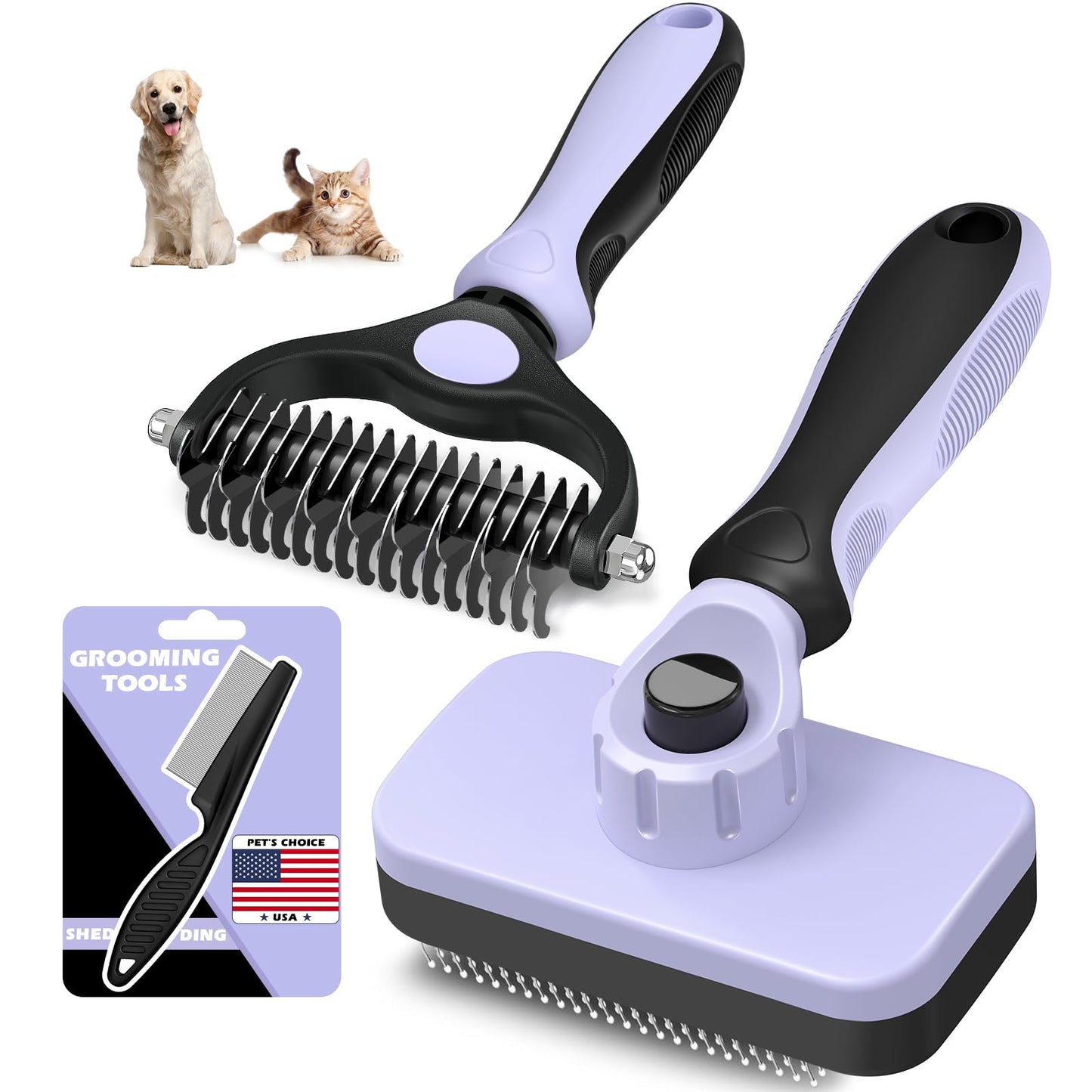 Professional 3PCS Self Cleaning Slicker Brush & Pet Grooming Rake & Flea Comb for Dogs,Cats and Horses | Double-Sided Dematting Comb & Skin Friendly Deshedding Grooming Tool | Pet Supplies (Blue)