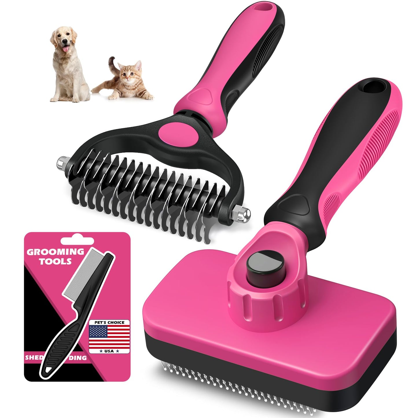 Professional 3PCS Self Cleaning Slicker Brush & Pet Grooming Rake & Flea Comb for Dogs,Cats and Horses | Double-Sided Dematting Comb & Skin Friendly Deshedding Grooming Tool | Pet Supplies (Blue)