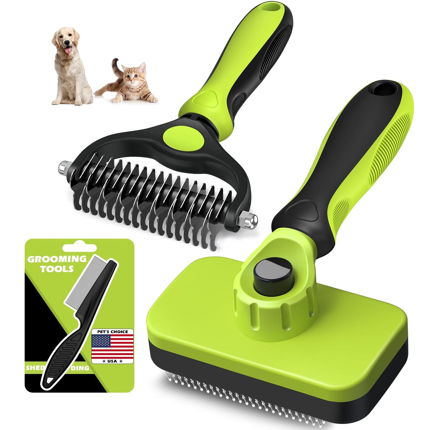 Professional 3PCS Self Cleaning Slicker Brush & Pet Grooming Rake & Flea Comb for Dogs,Cats and Horses | Double-Sided Dematting Comb & Skin Friendly Deshedding Grooming Tool | Pet Supplies (Blue)
