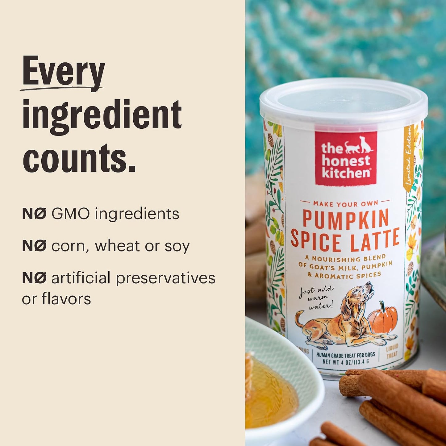 The Honest Kitchen Pumpkin Spice Latte for Dogs & Puppies, Human Grade Goat’s Milk Powder with Pumpkin, Cinnamon & Ginger, Daily Hydration Meal Topper & Digestive Support, 4 oz Canister