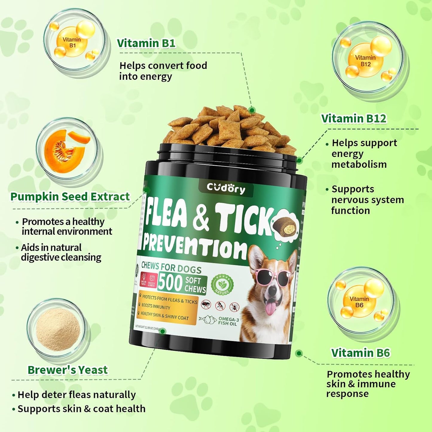 Cudory Flea and Tick Prevention for Dogs, 500 Dog Flea Treatment Chews