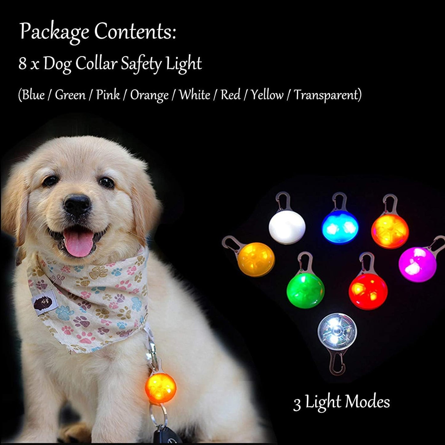8 Pack Dog Lights for Night Walking, 3 Modes Dog Collar Light for Night Time, IP68 Waterproof Dog Lights Clip On, LED Safety Light for Large Medium Small Pets, Running, Camping, Climbing, Bike