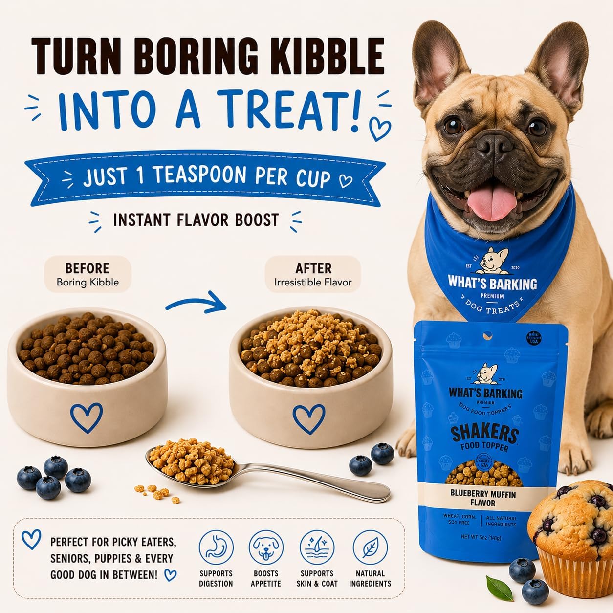 Shakers Dog Meal Toppers, Blueberry Muffin, Non-GMO, 3 Pack
