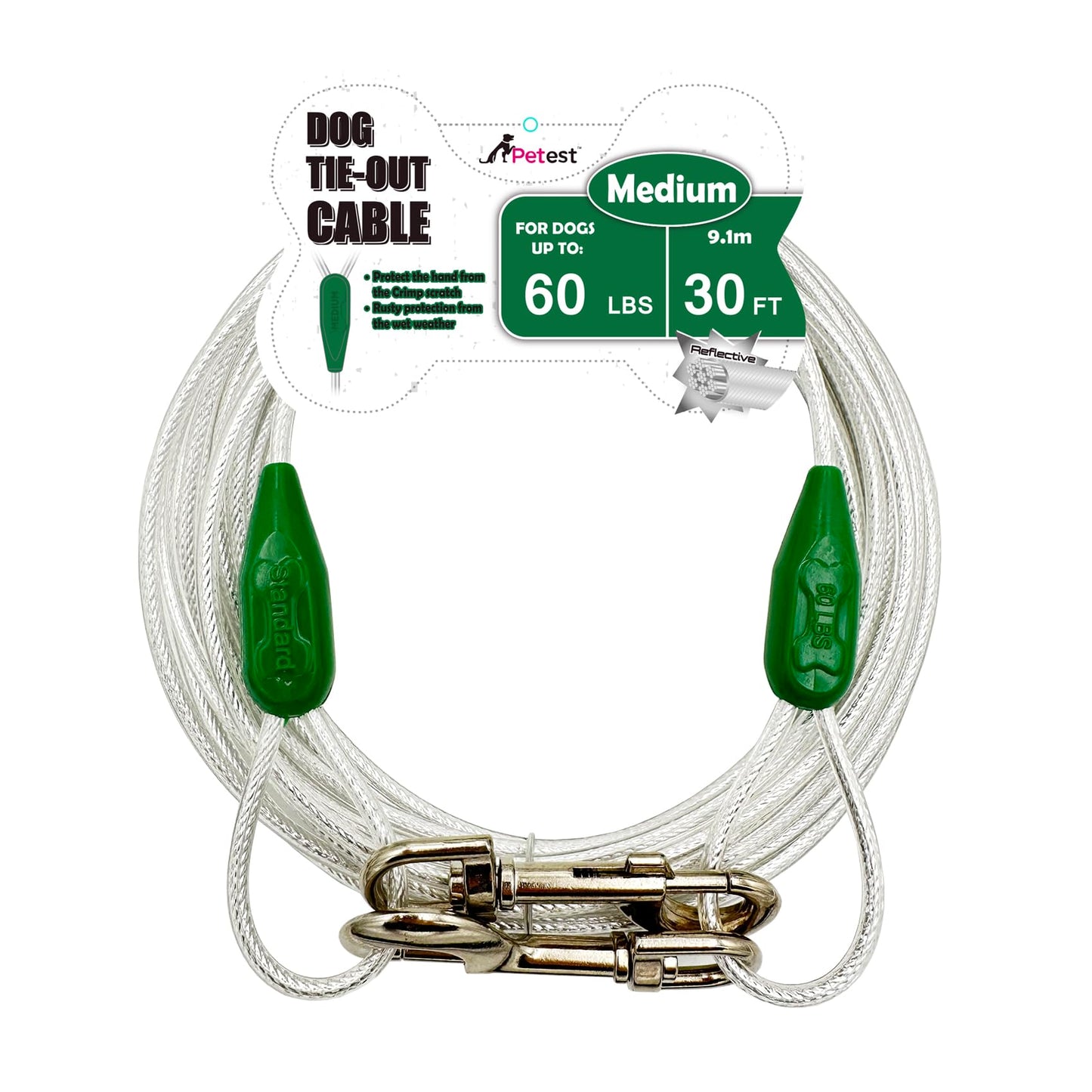 Petest 30ft Reflective Tie-Out Cable for Heavy Dogs Up to 125 Pounds
