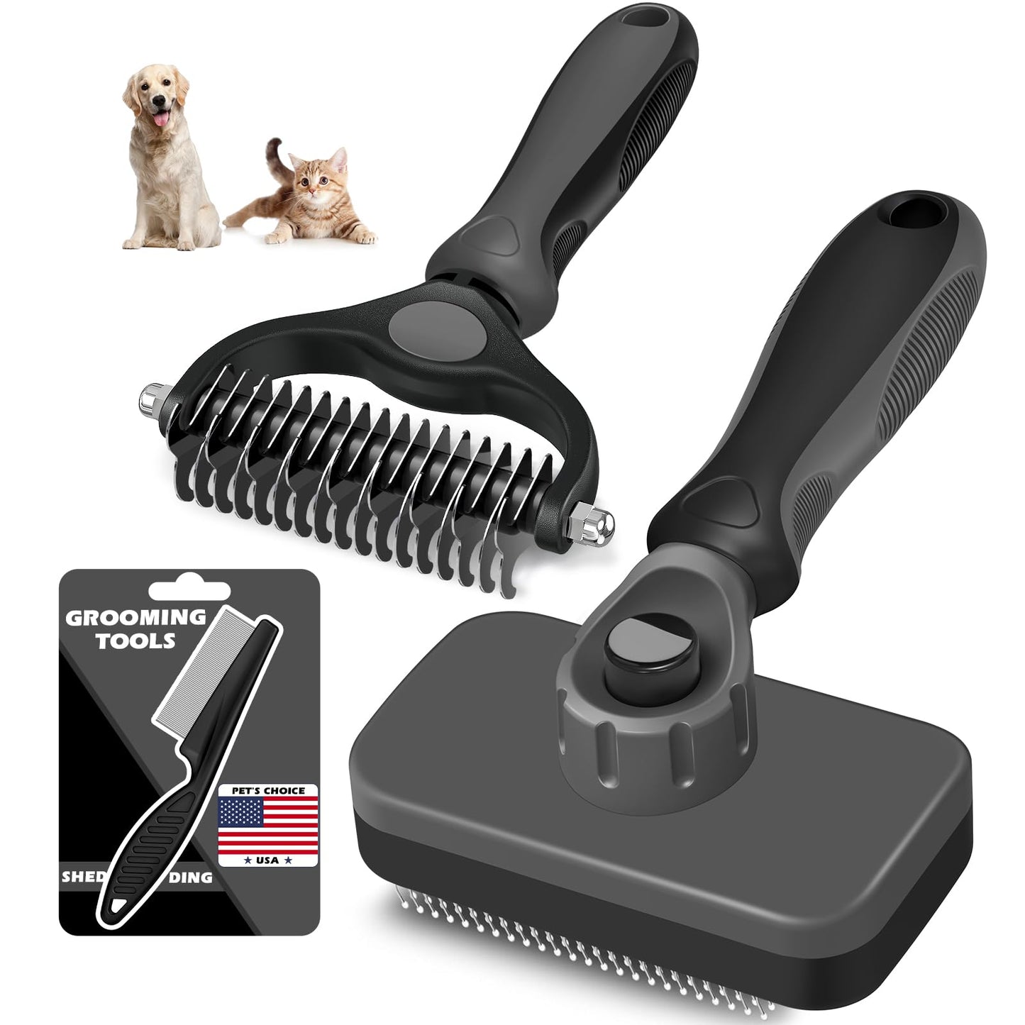 Professional 3PCS Self Cleaning Slicker Brush & Pet Grooming Rake & Flea Comb for Dogs,Cats and Horses | Double-Sided Dematting Comb & Skin Friendly Deshedding Grooming Tool | Pet Supplies (Blue)
