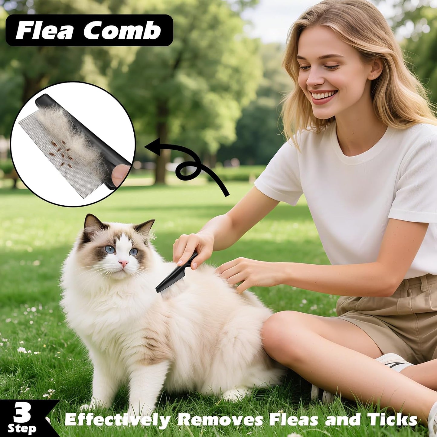 Professional 3PCS Self Cleaning Slicker Brush & Pet Grooming Rake & Flea Comb for Dogs,Cats and Horses | Double-Sided Dematting Comb & Skin Friendly Deshedding Grooming Tool | Pet Supplies (Blue)