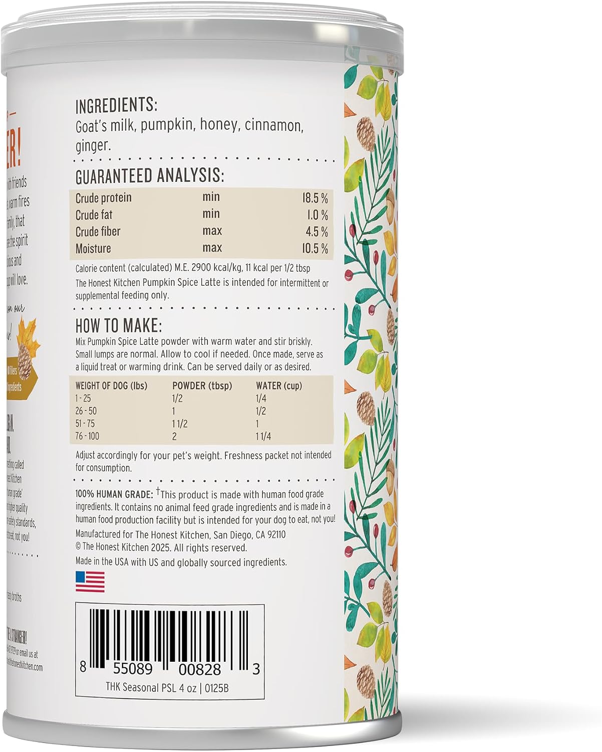 The Honest Kitchen Pumpkin Spice Latte for Dogs & Puppies, Human Grade Goat’s Milk Powder with Pumpkin, Cinnamon & Ginger, Daily Hydration Meal Topper & Digestive Support, 4 oz Canister