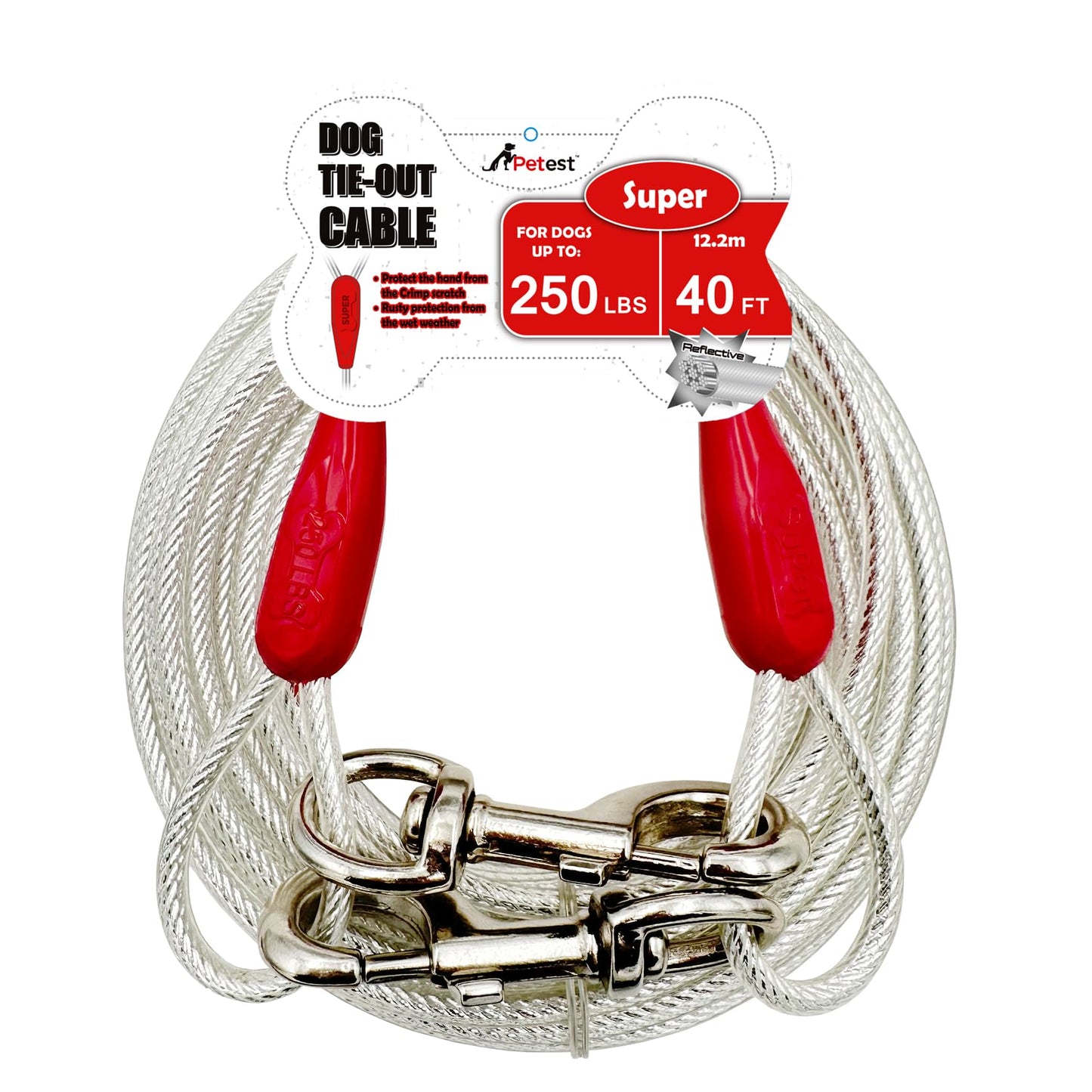 Petest 30ft Reflective Tie-Out Cable for Heavy Dogs Up to 125 Pounds