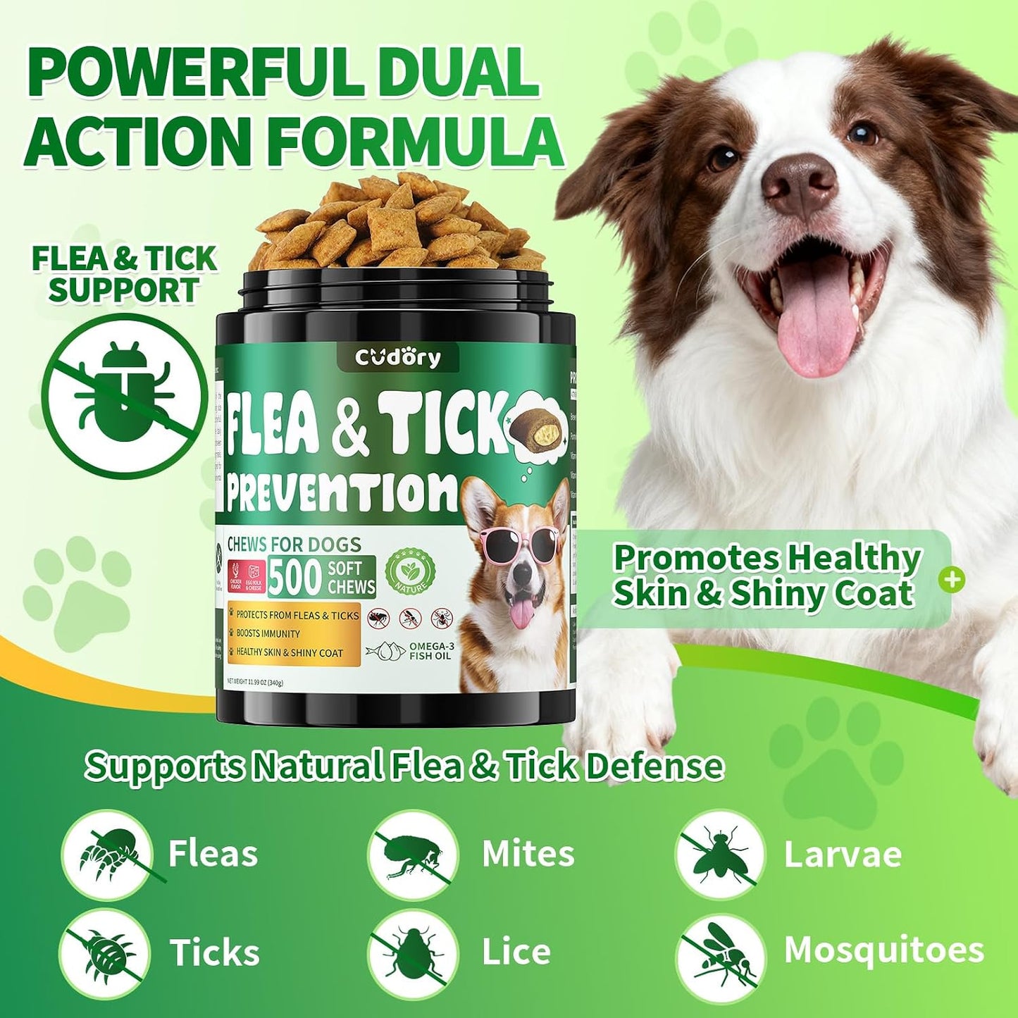 Cudory Flea and Tick Prevention for Dogs, 500 Dog Flea Treatment Chews