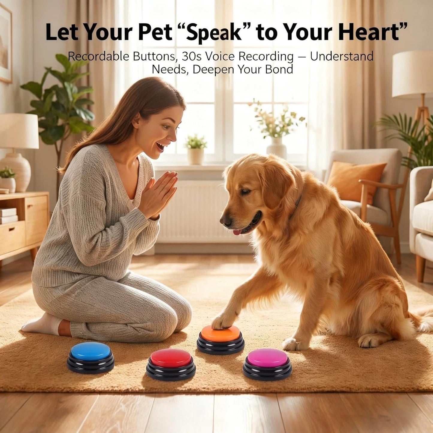 Voice Recording Button, Dog Buttons for Communication Pet Training Buzzer, 30 Second Voice Record and Playback, Funny Gift for Study Office Home 4 Pack Red/Blue/Rose/Orange