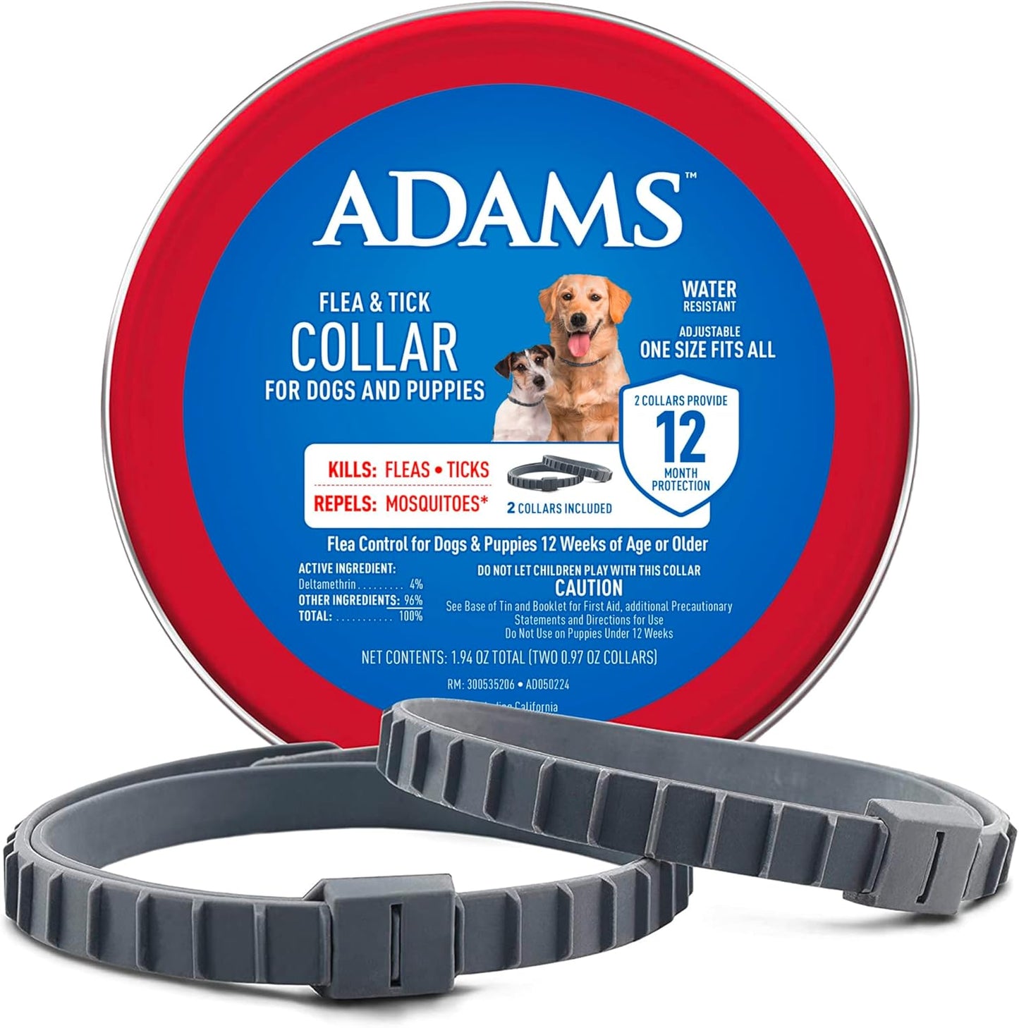 ADAMS Flea & Tick Collar for Dogs & Puppies, Flea Collar for 12 Month Prevention, Kills Fleas, Ticks & Repels Mosquitoes, Excluding California, One Size Fits All Dogs & Puppies, 2 Count