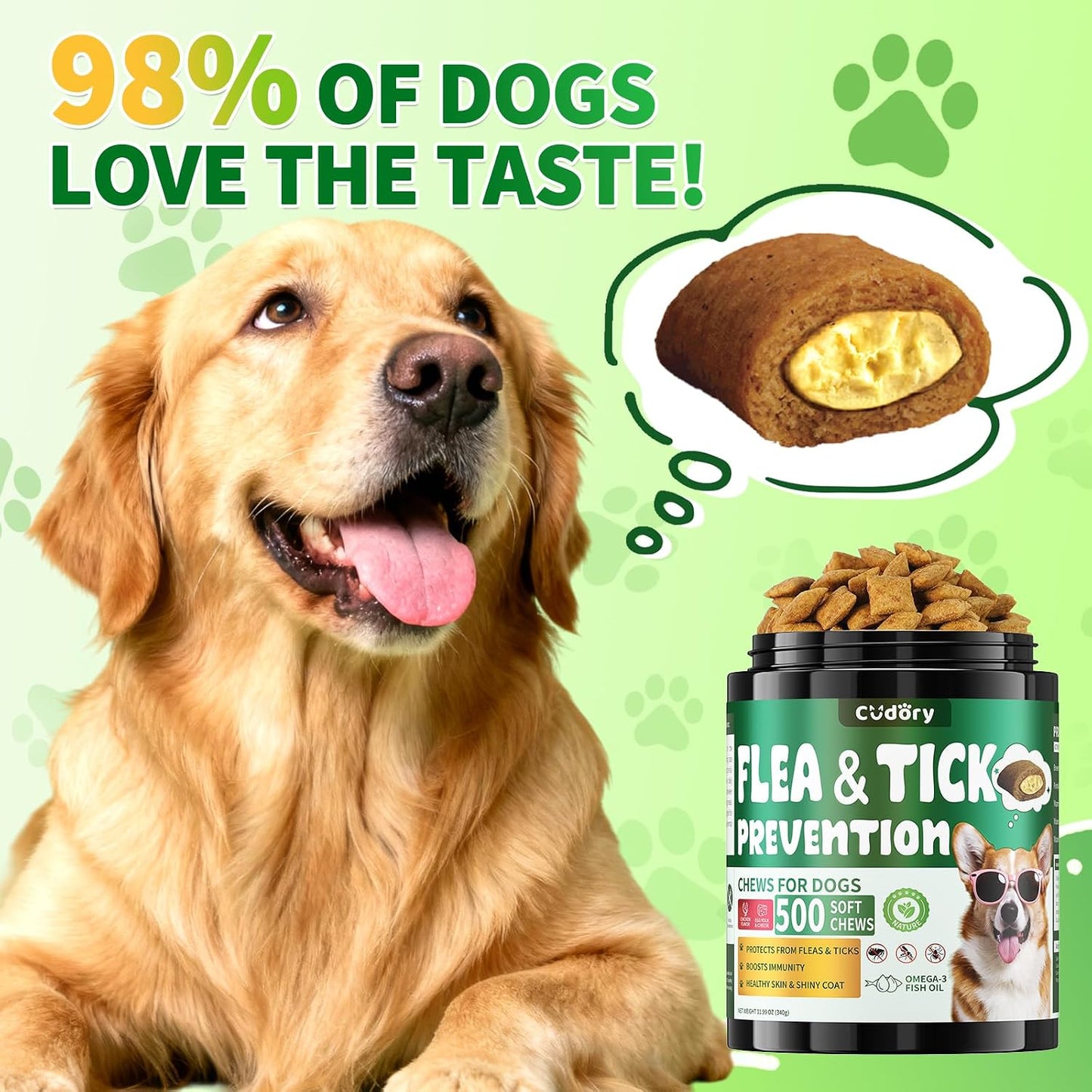 Cudory Flea and Tick Prevention for Dogs, 500 Dog Flea Treatment Chews