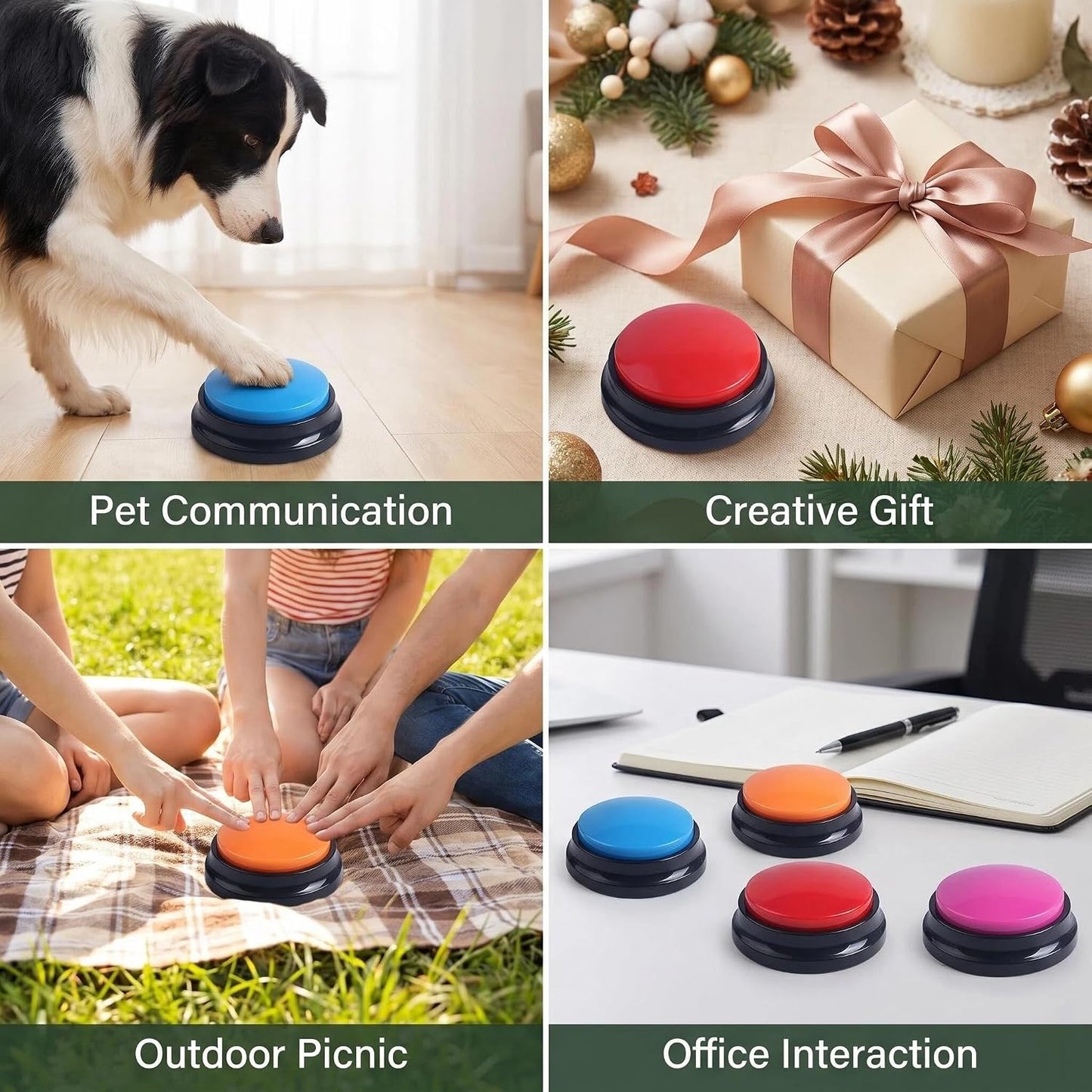 Voice Recording Button, Dog Buttons for Communication Pet Training Buzzer, 30 Second Voice Record and Playback, Funny Gift for Study Office Home 4 Pack Red/Blue/Rose/Orange