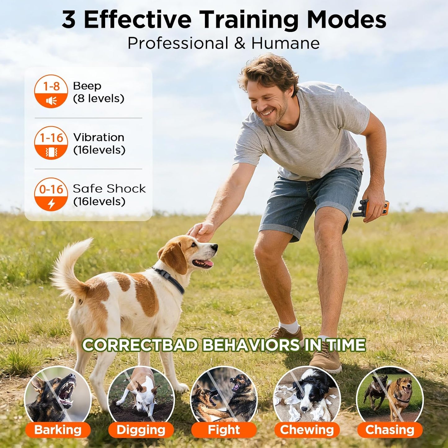 Dog Shock Collar 2 Dogs, 3300ft Dog Training Collar with Remote, Real-time Dual-Channel Remote with 3 Training Modes, Beep, Vibration, Safety Shock, Light, Fits 8-120 lbs All Breeds Sizes - Orange