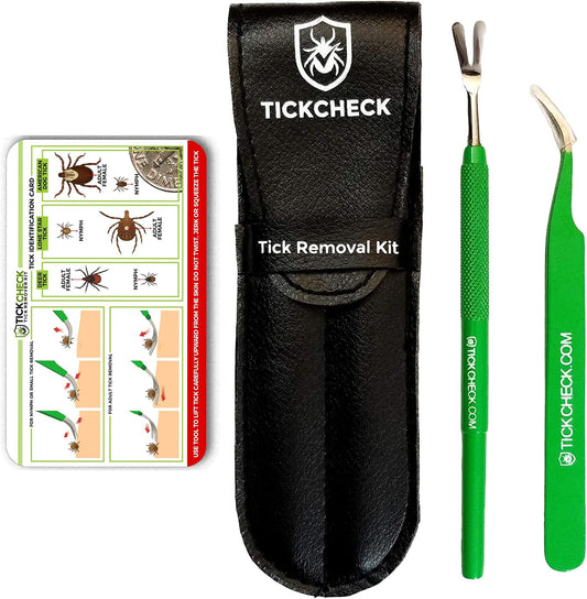 TickCheck Premium Tick Remover Kit - Stainless Steel Tick Remover + Tweezers, Leather Case, and Free Pocket Tick Identification Card (1 Set)