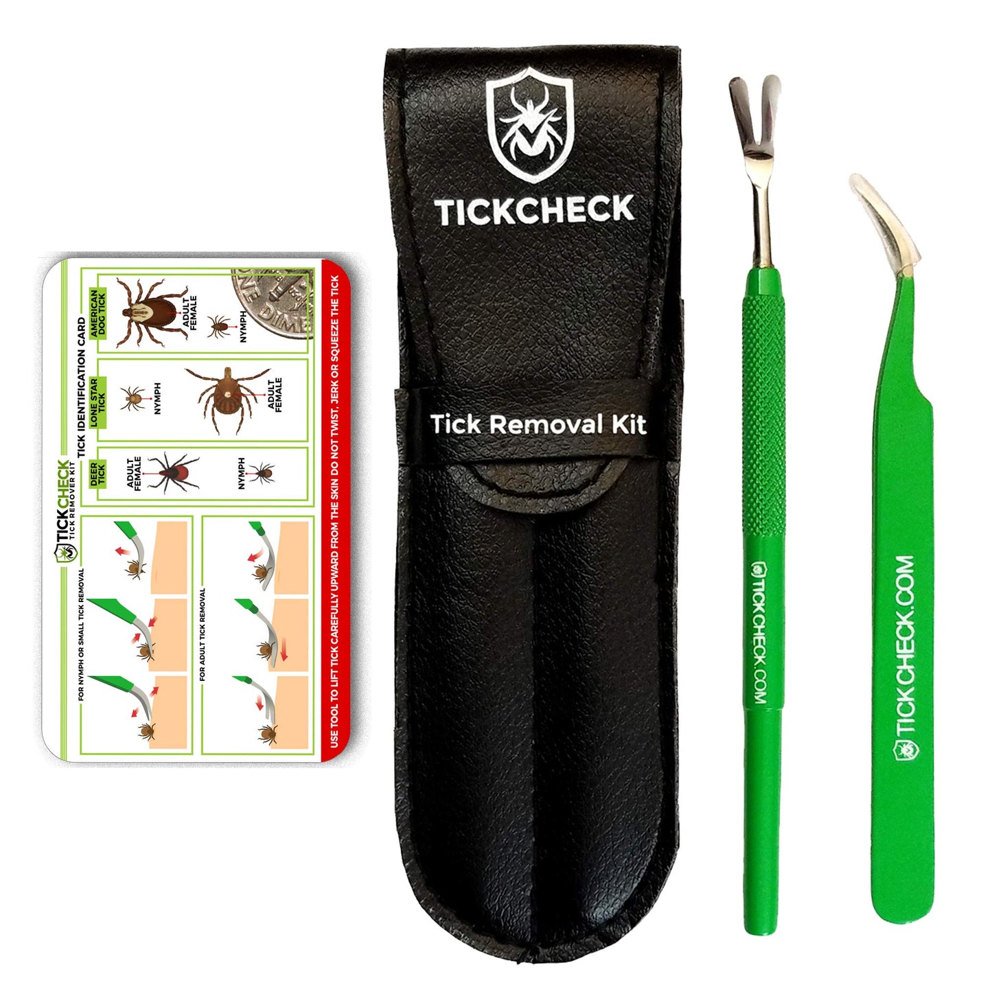 TickCheck Premium Tick Remover Kit - Stainless Steel Tick Remover + Tweezers, Leather Case, and Free Pocket Tick Identification Card (1 Set)
