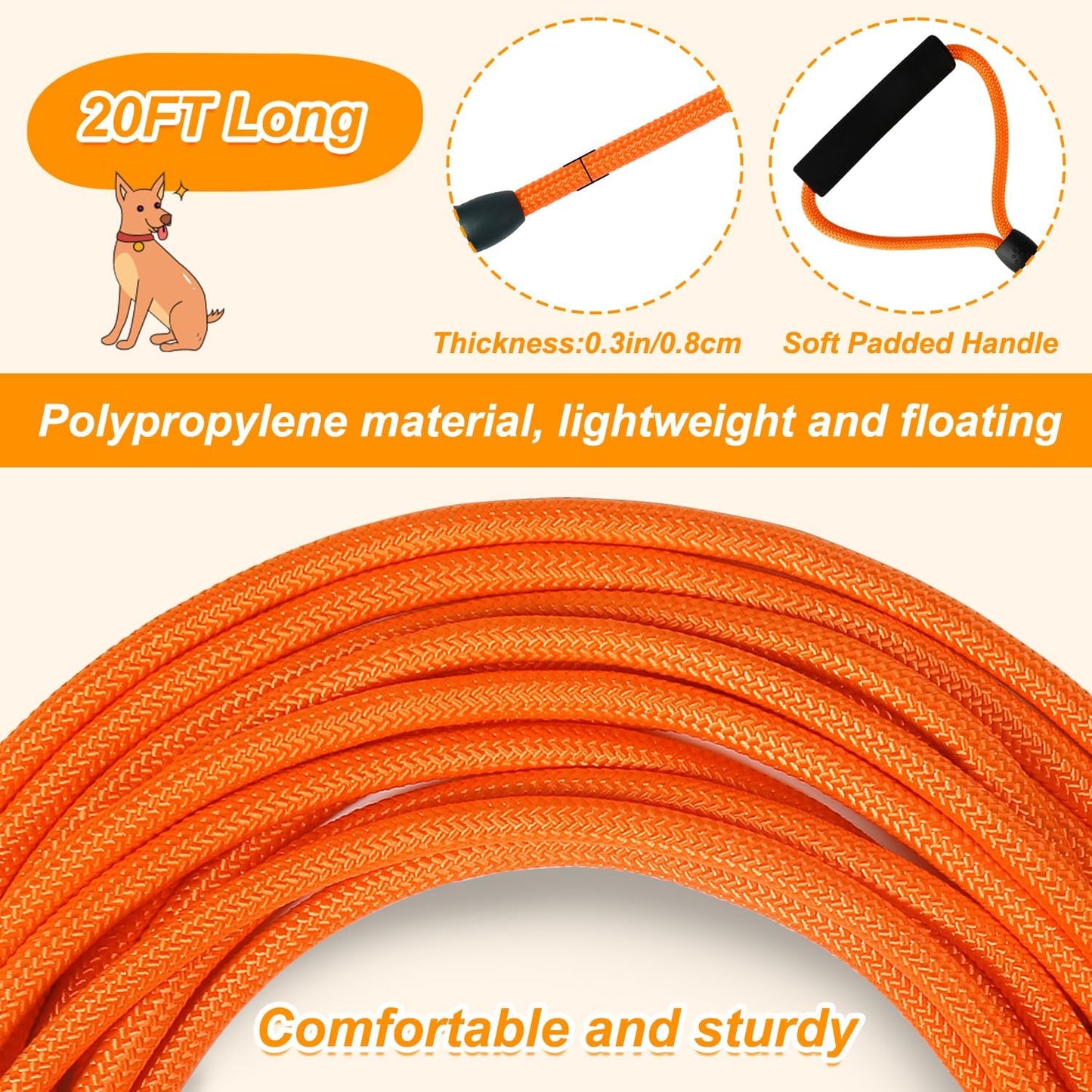 Vivifying Floating Long Dog Leash, 20FT Dog Training Leash, Lightweight Dog Check Cord Rope Lead with Comfortable Handle for Outside, Hiking, Swimming, Beach and Lake