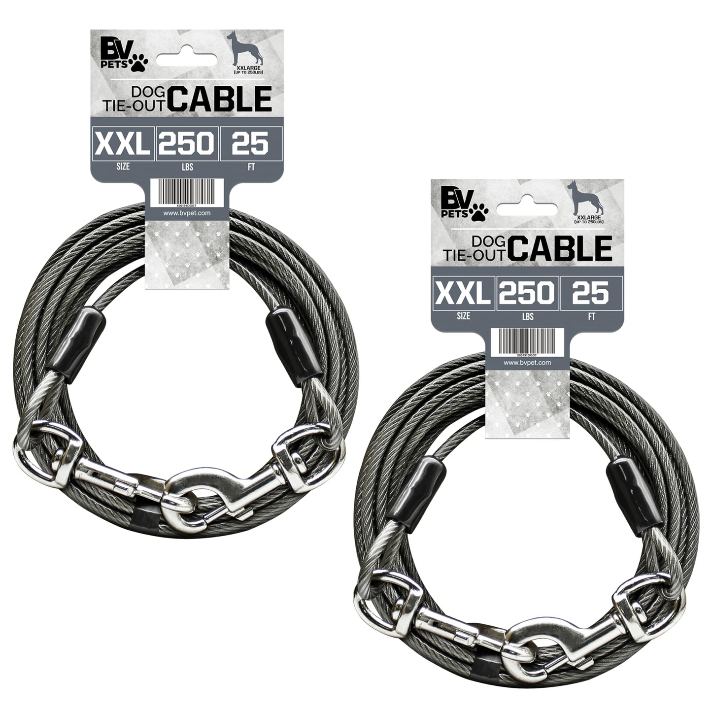 BV Dog Tie Out Cable 25 Feet - Heavy Duty Dog Lead Up to 250 Pounds - Reflective & Rust-Free with Quick Release Swivel Clips & 360° Rotating Clasp - Tangle-Free Dogs Runner for Yard (Grey, Single)