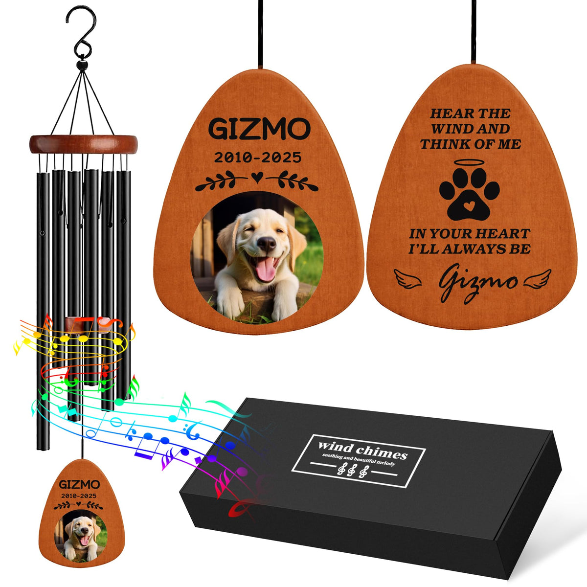 Personalized Dog Memorial Gifts for Loss of Dog, 25.5'' Pet Memorial Gifts for Dogs, Pet Memorial Wind Chimes, Loss of Dogs Sympathy Gift, Pet Passing Away Gift for Loss Loved One(Design 2, Black)