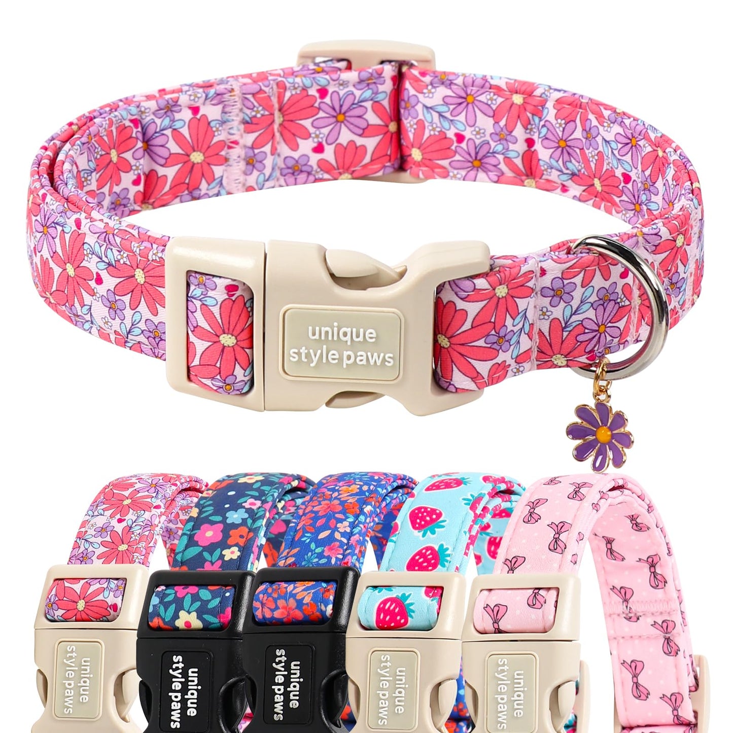 Unique Style Paws Dog Collar With Metal Buckle - Red Rose Flower Gift for Small, Medium, Large Boys Girls Dogs - Durable and Cute
