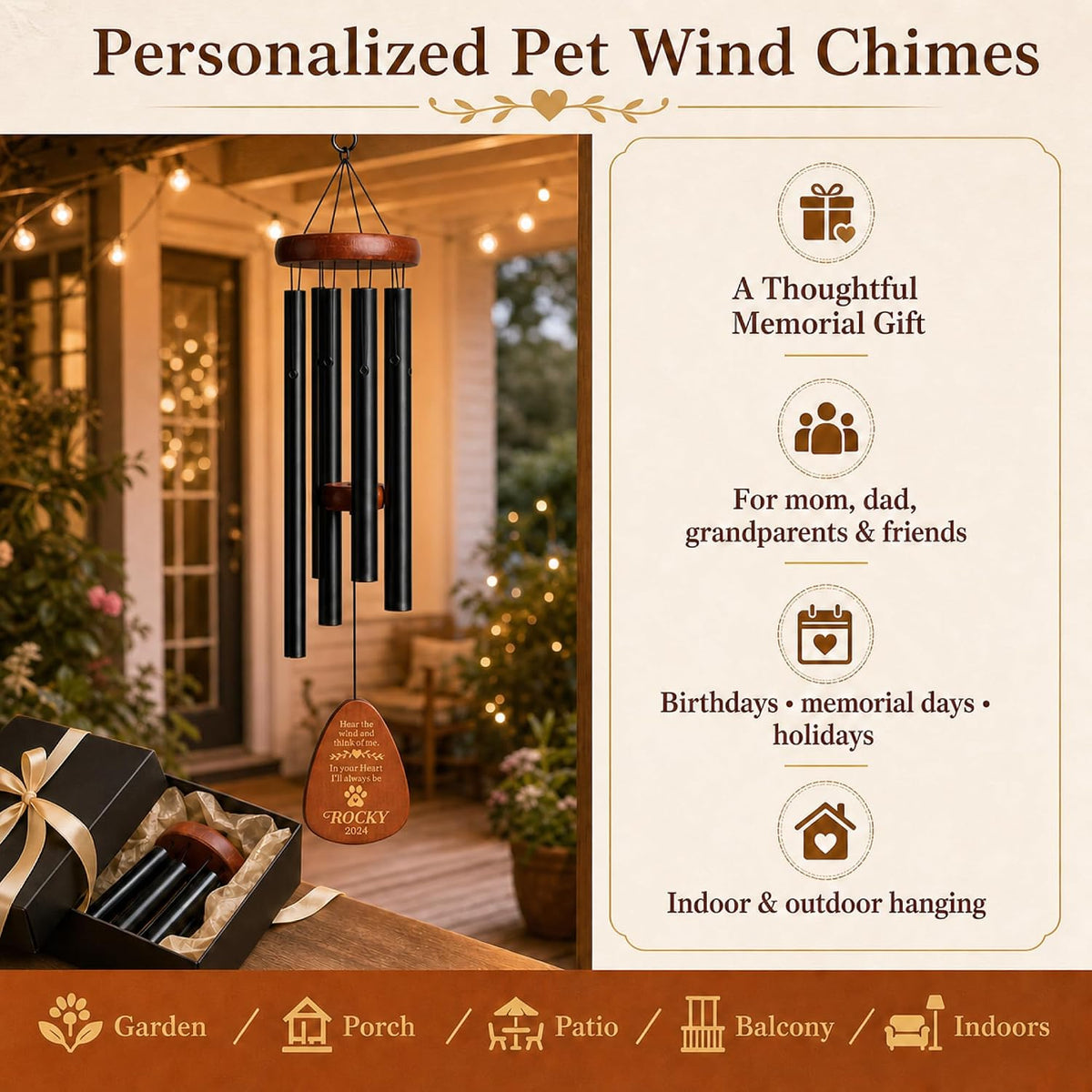 Personalized Dog Memorial Gifts for Loss of Dog, 25.5'' Pet Memorial Gifts for Dogs, Pet Memorial Wind Chimes, Loss of Dogs Sympathy Gift, Pet Passing Away Gift for Loss Loved One(Design 2, Black)