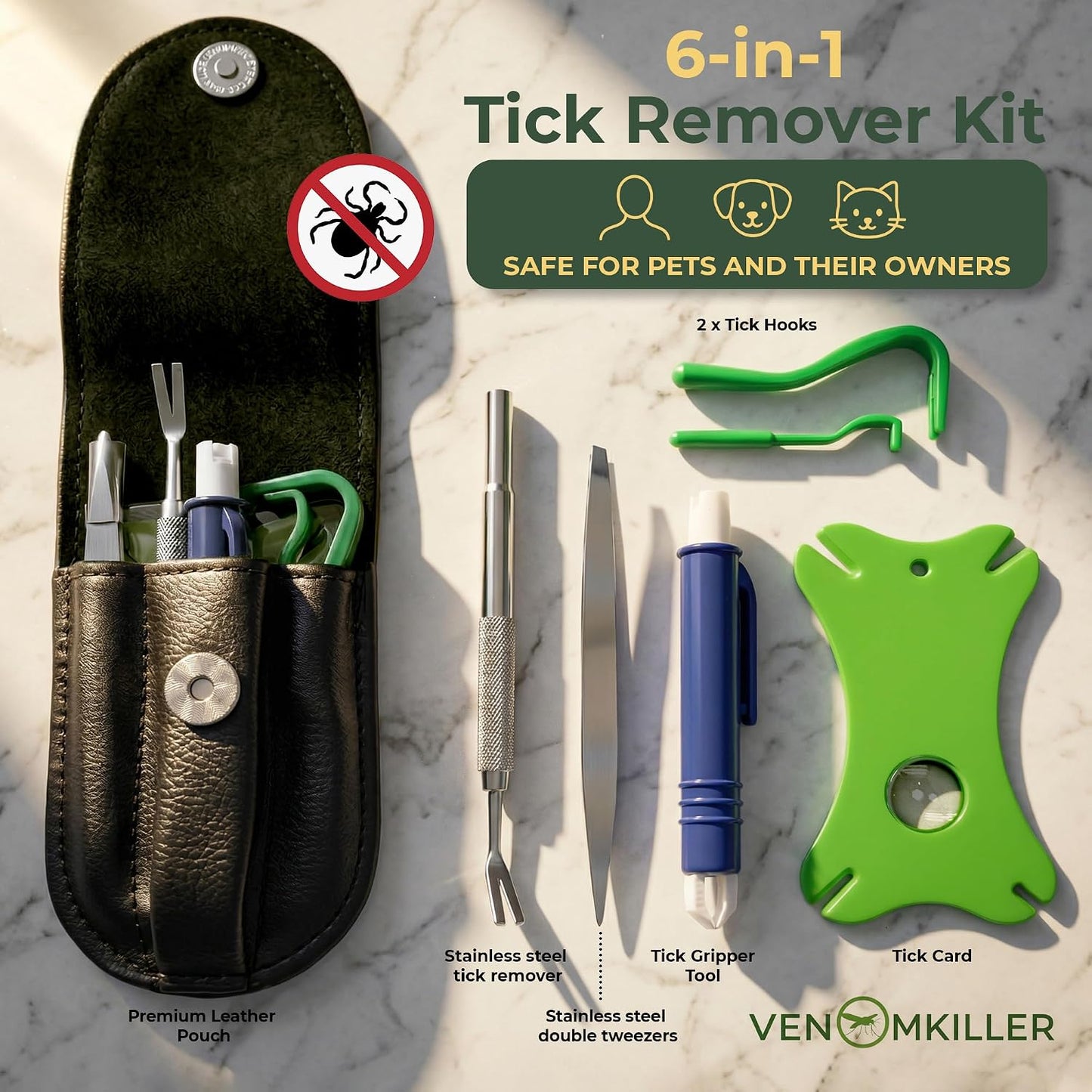 VENOMKILLER 6-in-1 Tick Remover Kit – Tick Removal Tool Set with Stainless Steel Tick Tweezers, Tick Card, Hooks & Leather Case – Tick Remover for Dogs, Cats & Humans