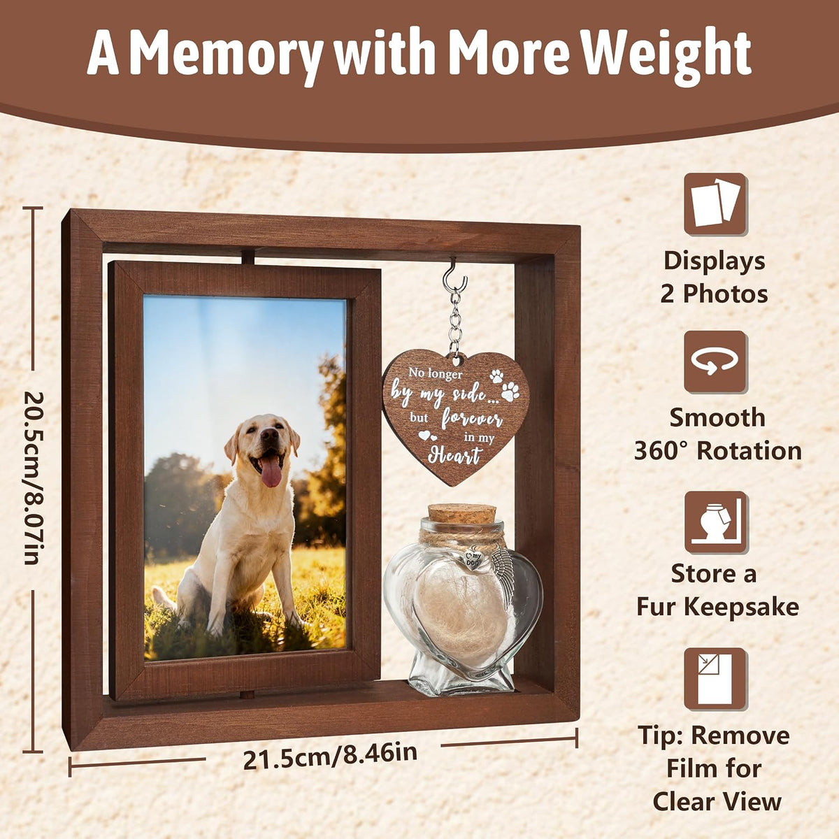 Dog Memorial Gifts for Loss of Pet - Rotating Wooden Frame for 4x6 Photo & Fur Hair Jar - Sympathy Gift for Pet Bereavement, Remembrance Keepsake - Rainbow Bridge Gift for Dog Lovers & Cat Lovers