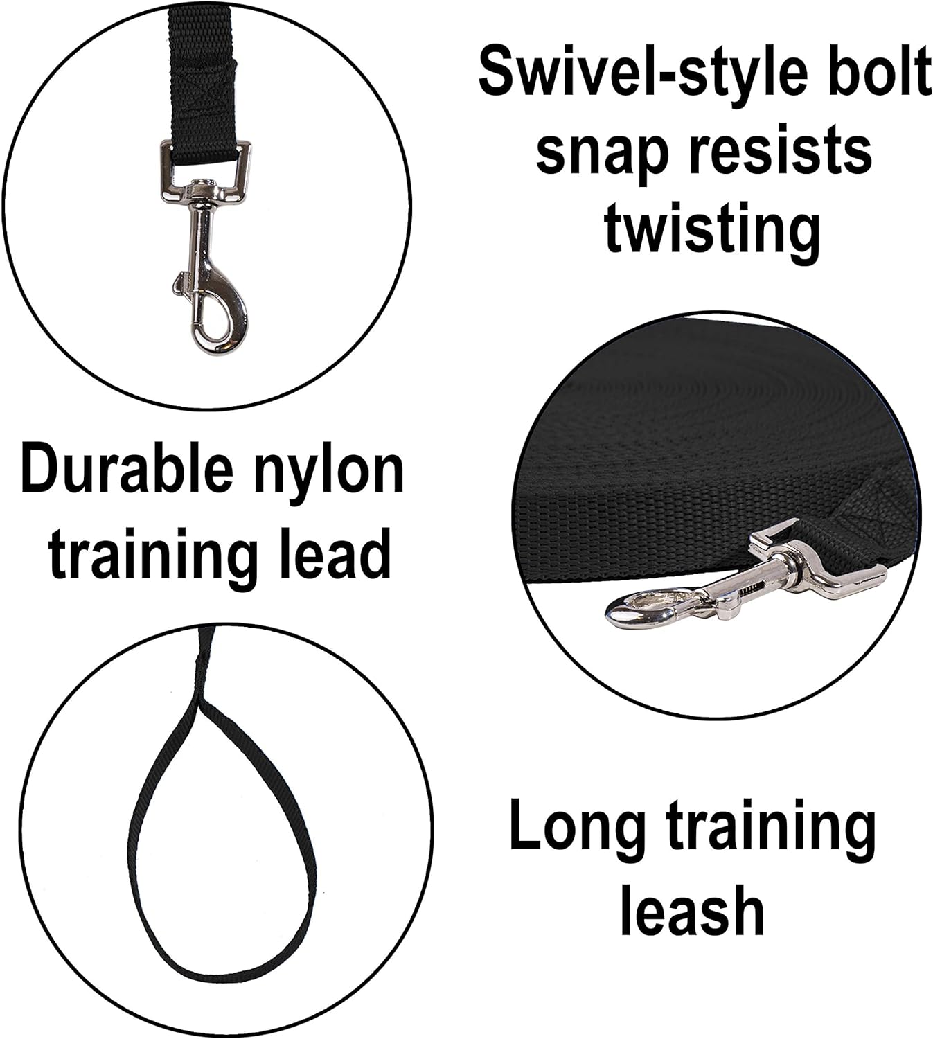 Hi Kiss Dog/Puppy Obedience Recall Training Agility Lead - 15ft 20ft 30ft 50ft 100ft Training Leash - Great for Play, Camping, or Backyard - Black 20ft