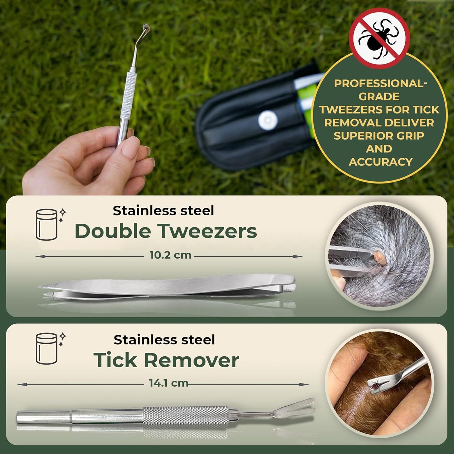 VENOMKILLER 6-in-1 Tick Remover Kit – Tick Removal Tool Set with Stainless Steel Tick Tweezers, Tick Card, Hooks & Leather Case – Tick Remover for Dogs, Cats & Humans