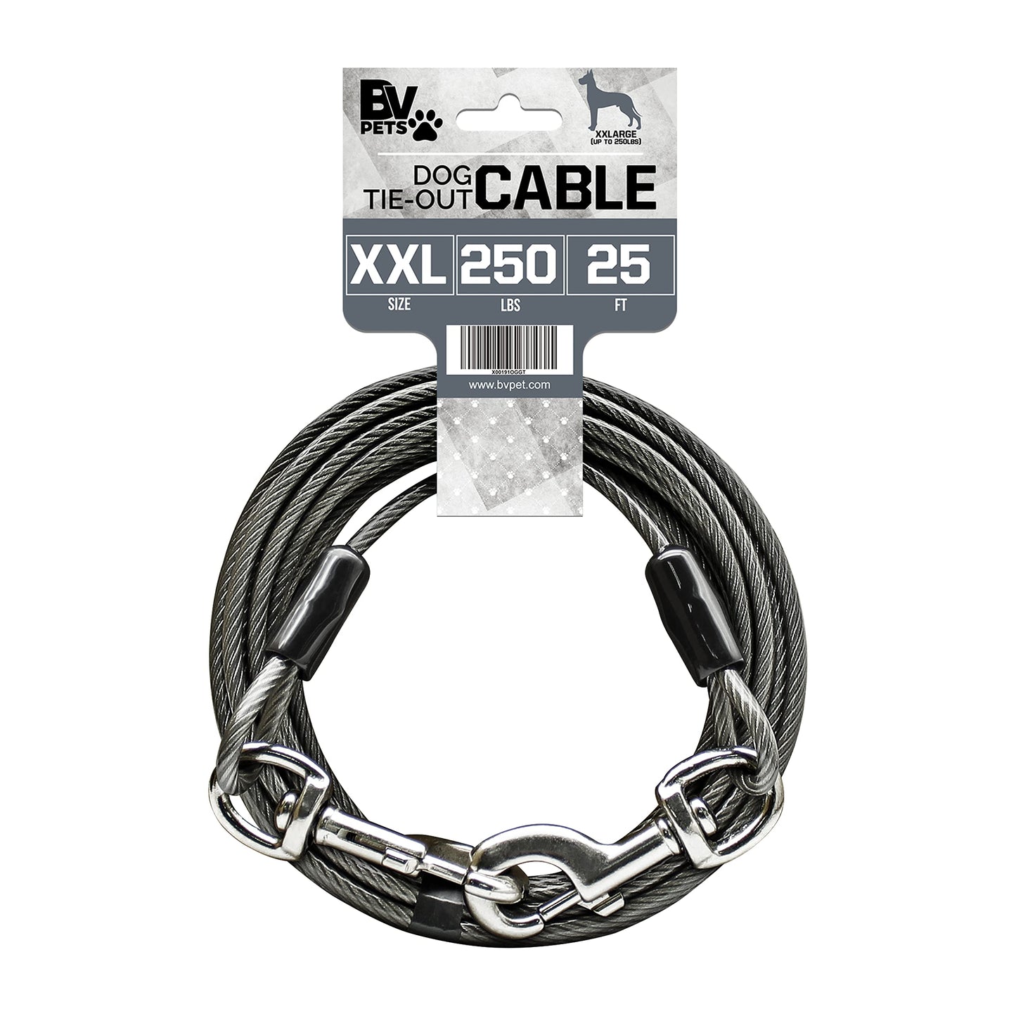 BV Dog Tie Out Cable 25 Feet - Heavy Duty Dog Lead Up to 250 Pounds - Reflective & Rust-Free with Quick Release Swivel Clips & 360° Rotating Clasp - Tangle-Free Dogs Runner for Yard (Grey, Single)