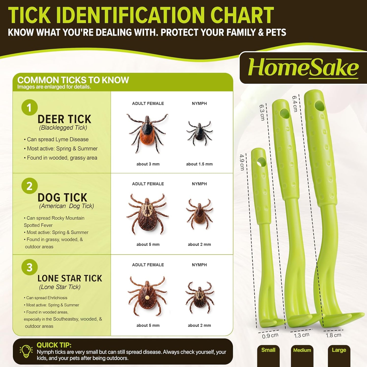 Homesake Tick Remover Tool for Dogs, Cats & Humans, 3 Pack Tick Removal Kit + Identification Card & Keychain Hole, Safely Removes Entire Tick Head & Body, Easy Portable Tool for Pets & First Aid Kits