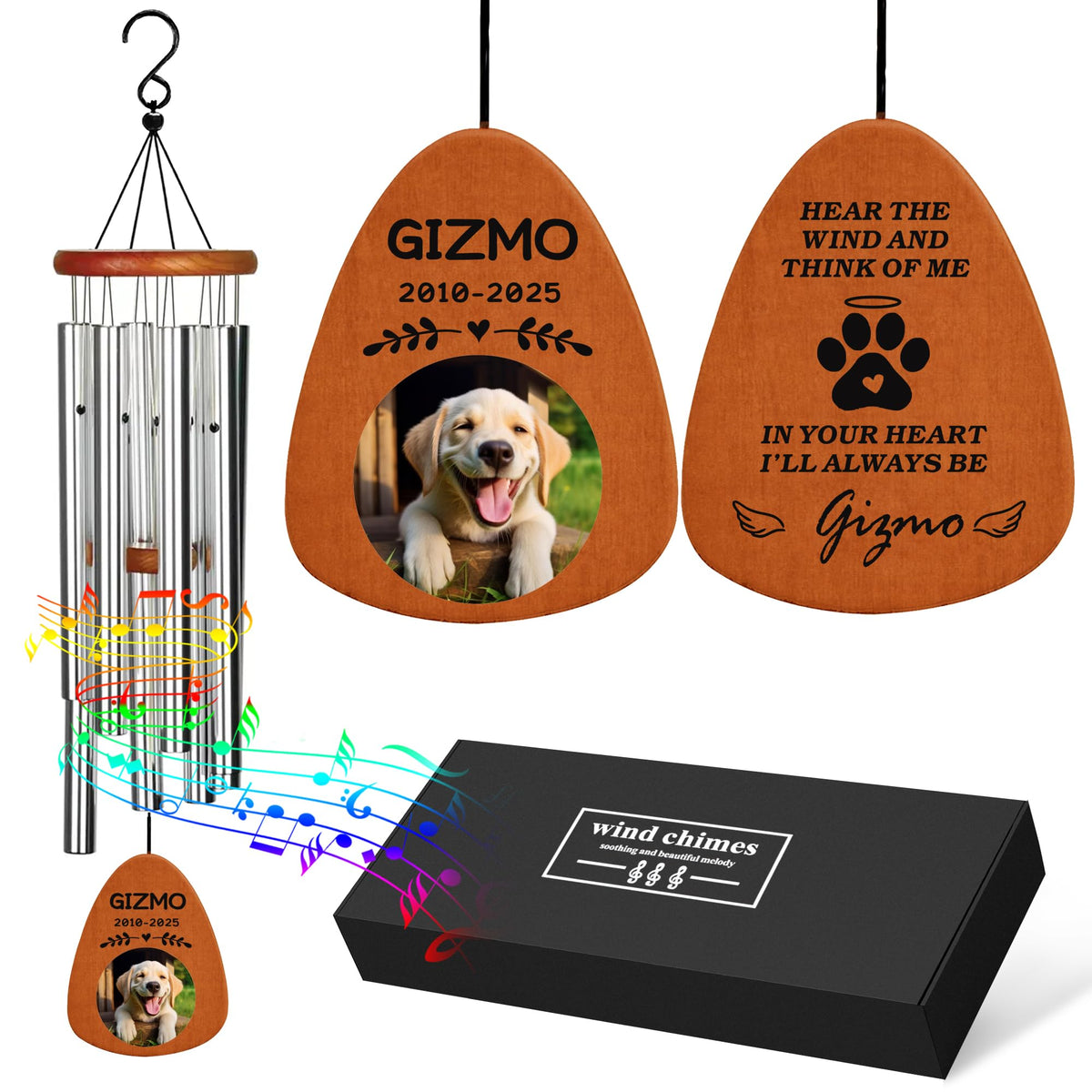 Personalized Dog Memorial Gifts for Loss of Dog, 25.5'' Pet Memorial Gifts for Dogs, Pet Memorial Wind Chimes, Loss of Dogs Sympathy Gift, Pet Passing Away Gift for Loss Loved One(Design 2, Black)