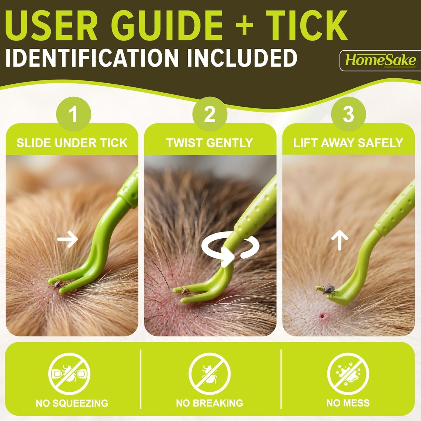 Homesake Tick Remover Tool for Dogs, Cats & Humans, 3 Pack Tick Removal Kit + Identification Card & Keychain Hole, Safely Removes Entire Tick Head & Body, Easy Portable Tool for Pets & First Aid Kits