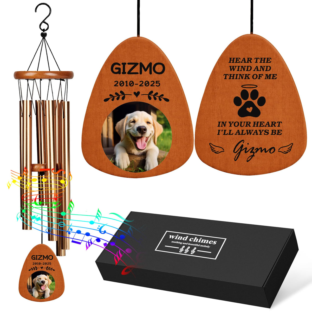 Personalized Dog Memorial Gifts for Loss of Dog, 25.5'' Pet Memorial Gifts for Dogs, Pet Memorial Wind Chimes, Loss of Dogs Sympathy Gift, Pet Passing Away Gift for Loss Loved One(Design 2, Black)