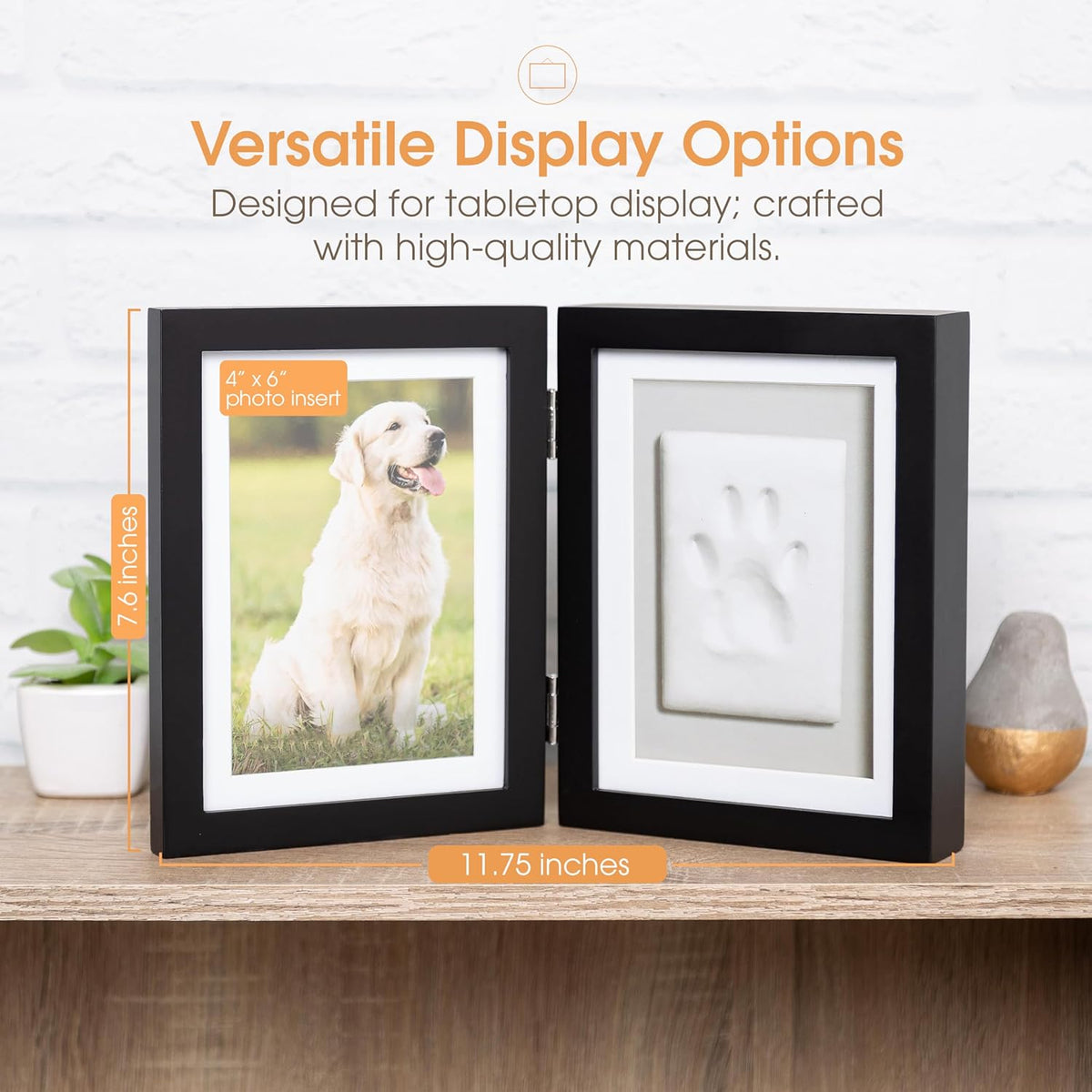 Pearhead Pet Paw Print Frame with Clay Impression Kit, Black Tabletop Frame