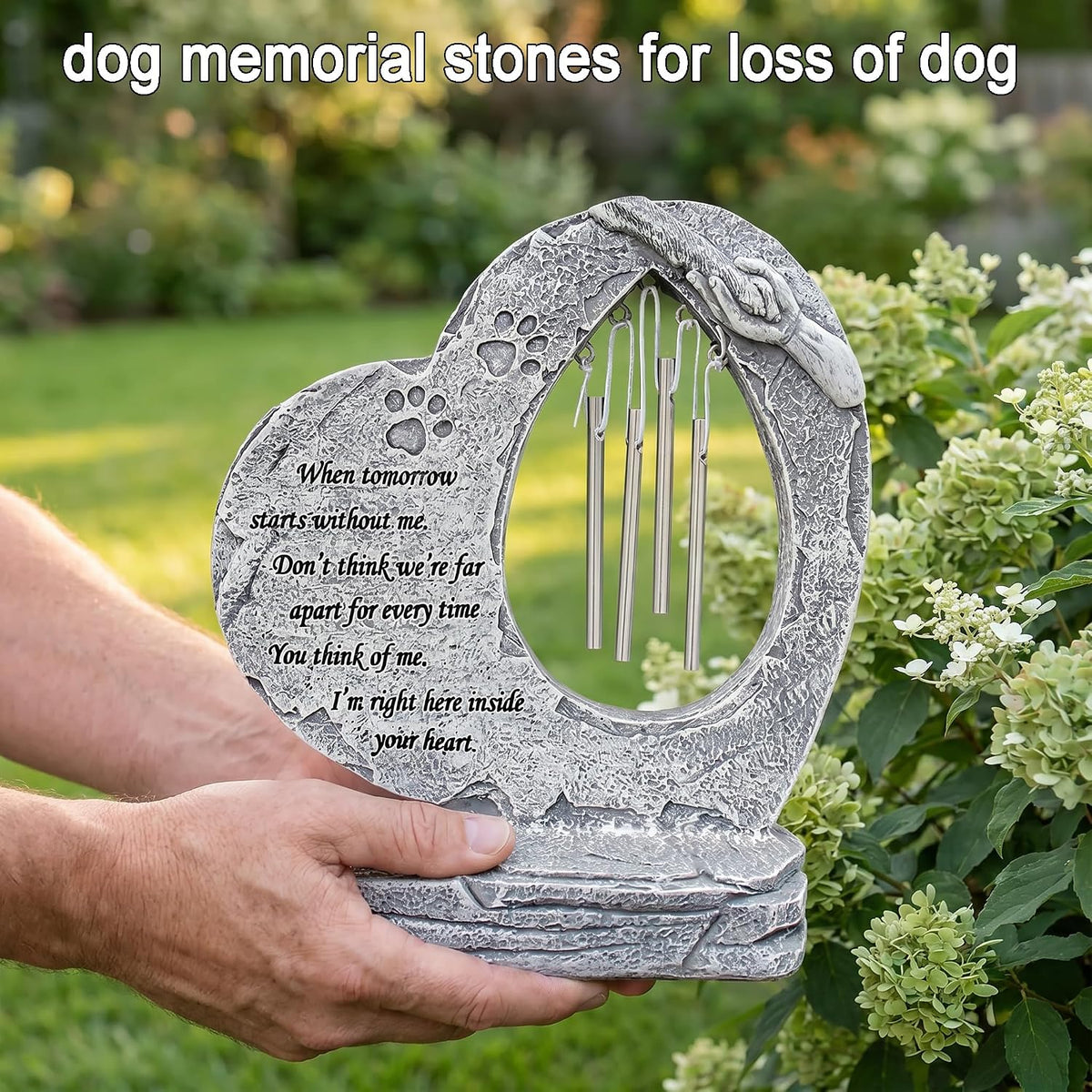Pet Dog Memorial Stones Garden Stones with Wind Chimes, Sympathy Loss of Pet Dog Memorial Gifts Remembrance Gifts Outdoors Heart Shaped Grave Markes Headstones